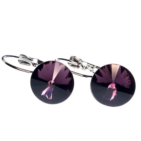 Deep Plum Austrian Crystal Lever Back Earrings - Picture 6 of 8